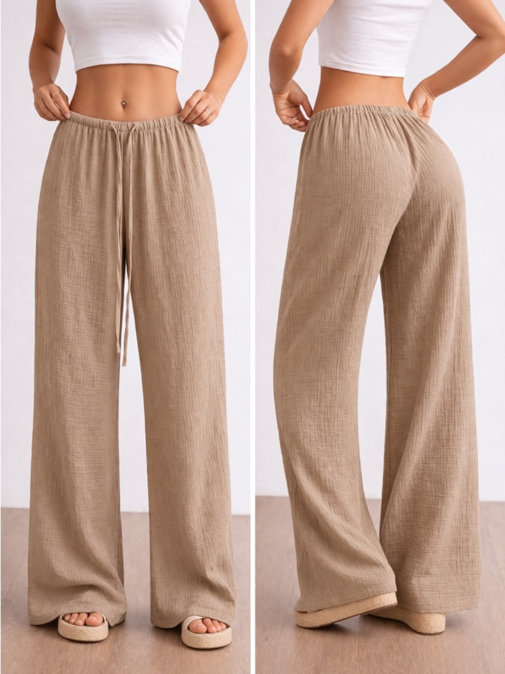 Khaki Tan Cotton Drawstring Wide Leg Pants Casual Lounge